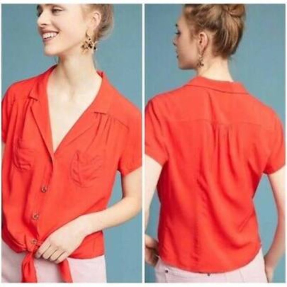 Anthropologie Maeve Orange Tie Up Blouse SZ M